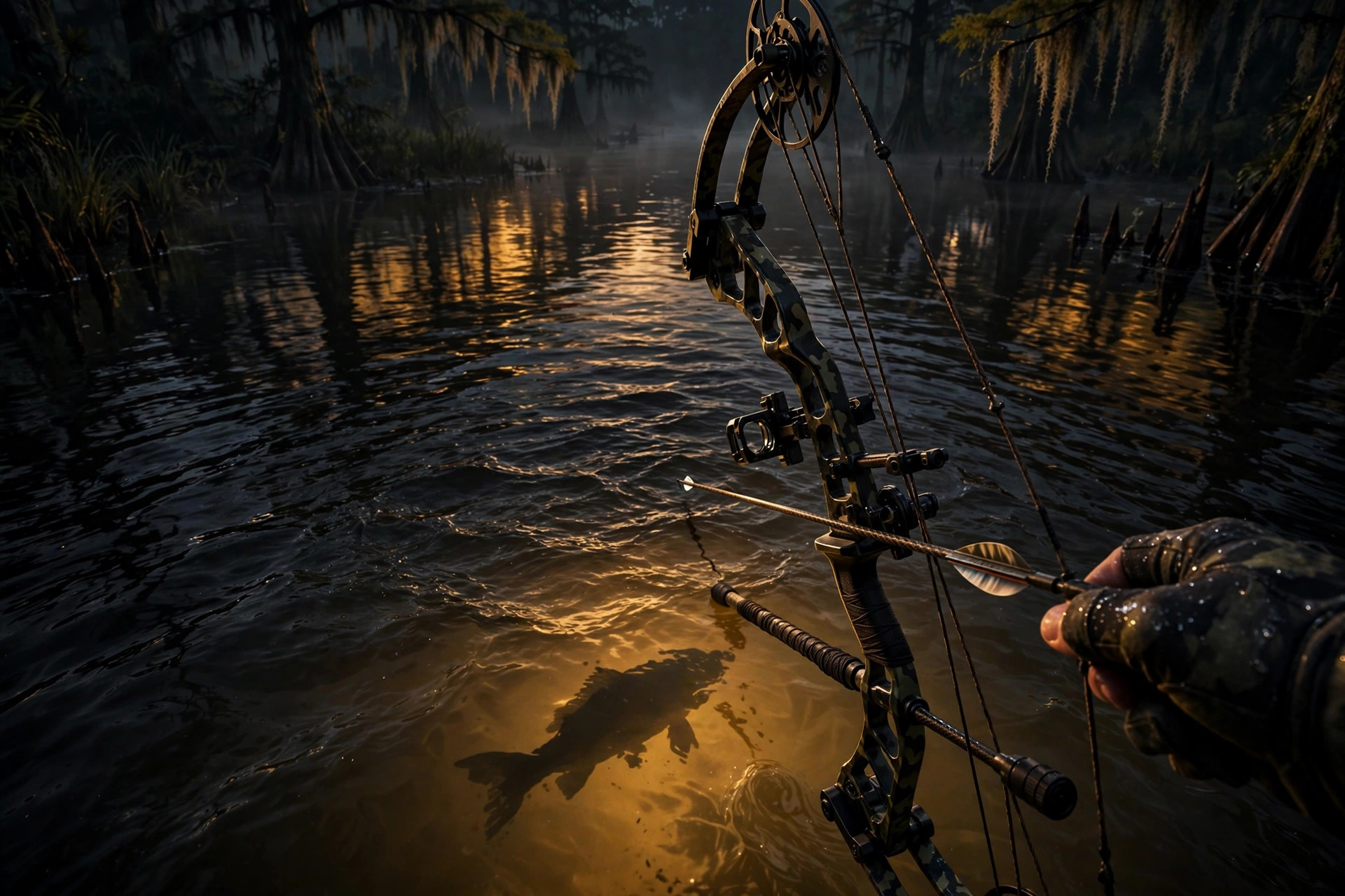 Ultimate Bowfishing key art — a bow aimed at a fish beneath night water