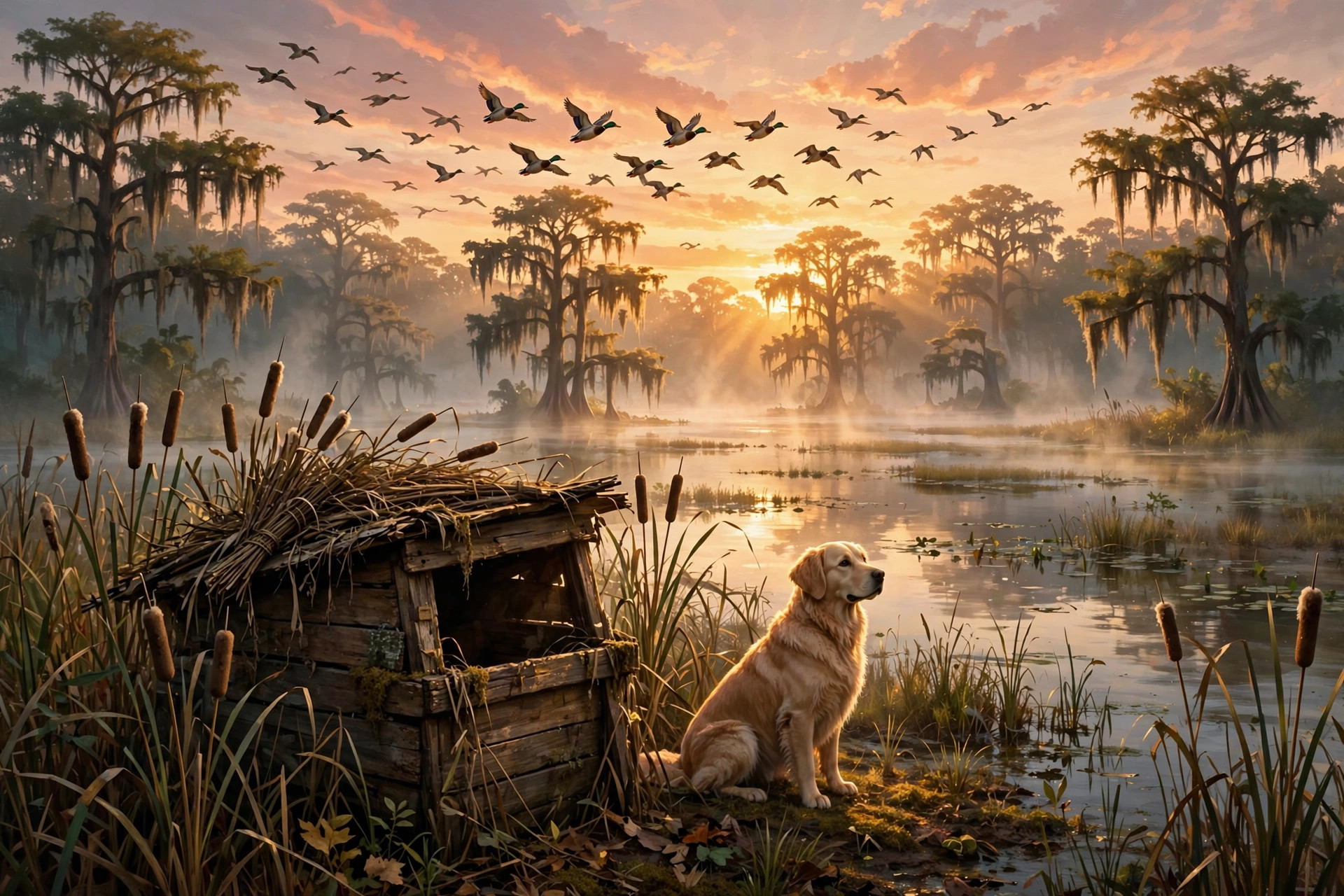 Ultimate Duck Hunt 3D — sunrise over a bayou marsh with a duck blind and retriever